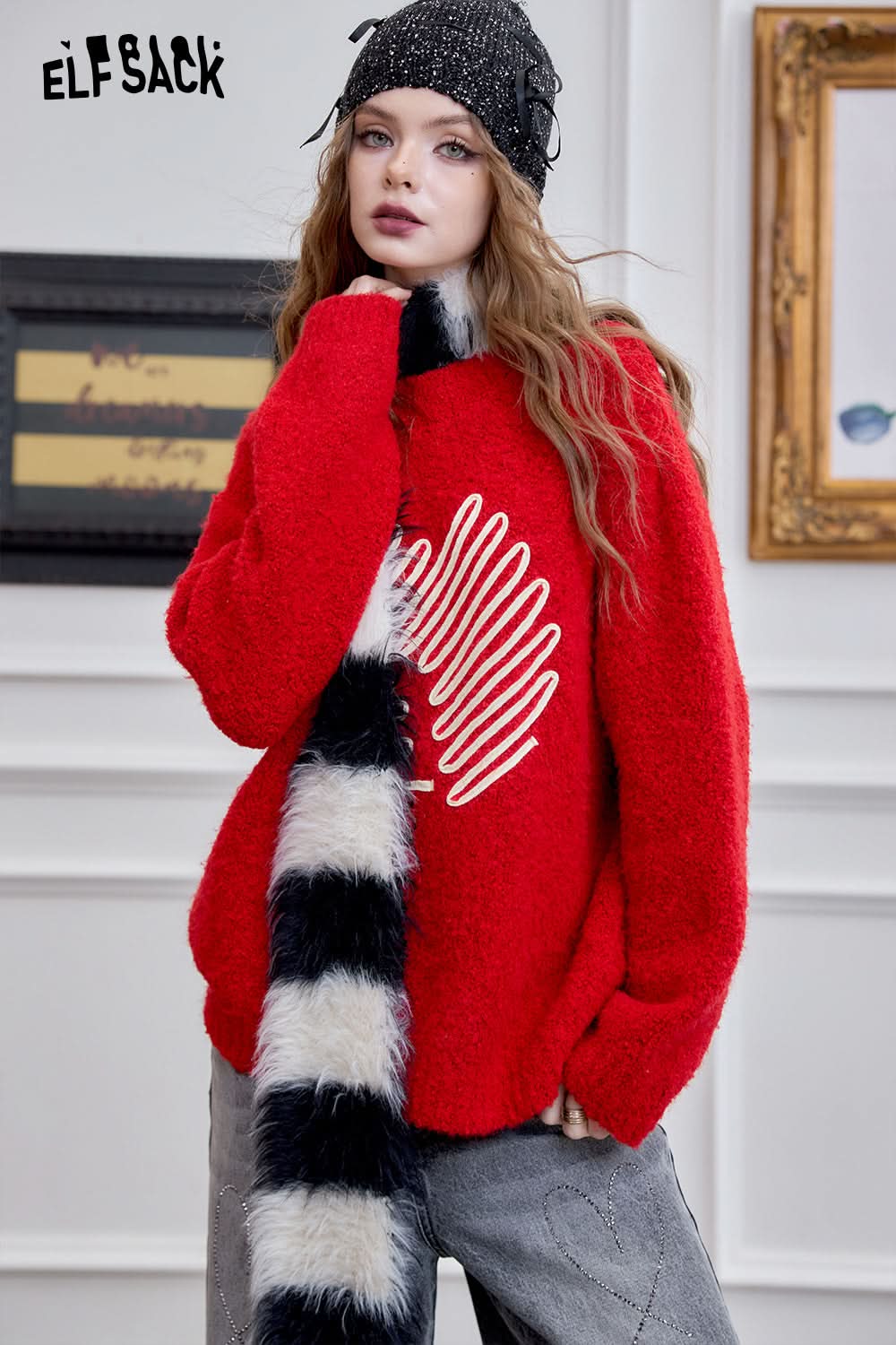 ELFSACK Red Fluffy Pullover Sweater Women Long-sleeve Loose Casual Soft Top