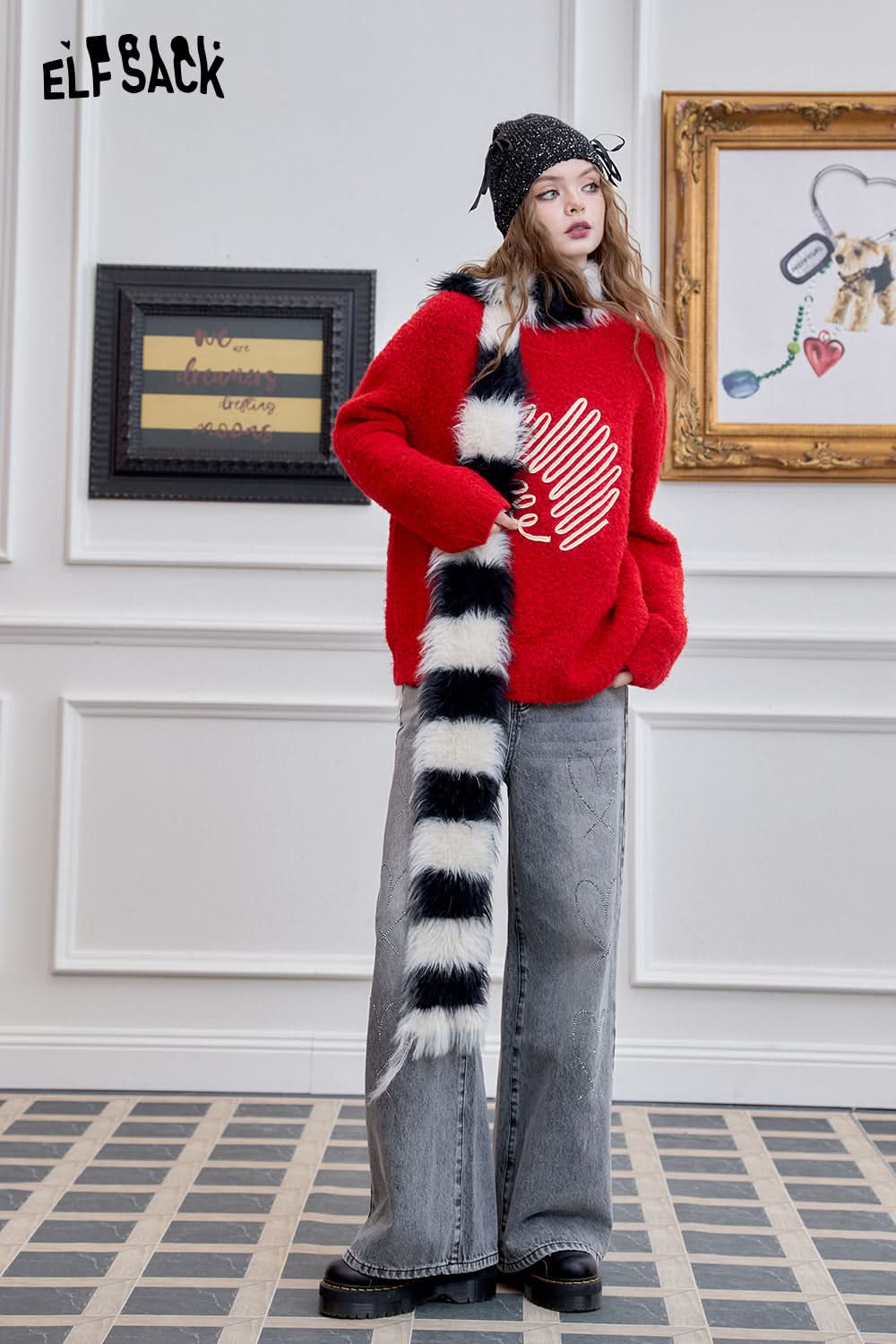 ELFSACK Red Fluffy Pullover Sweater Women Long-sleeve Loose Casual Soft Top