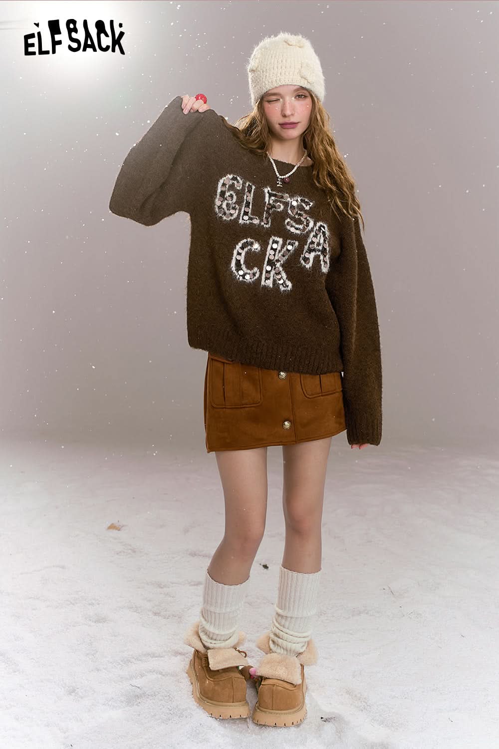 ELFSACK Retro Loose Sequin Letters Soft Warm Sweater Women Round Neck Long Sleeves