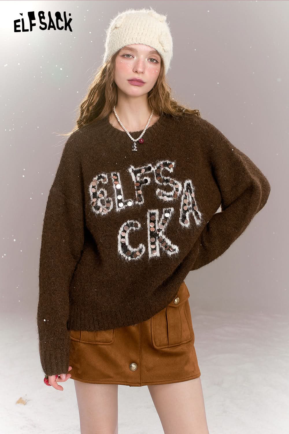 ELFSACK Retro Loose Sequin Letters Soft Warm Sweater Women Round Neck Long Sleeves