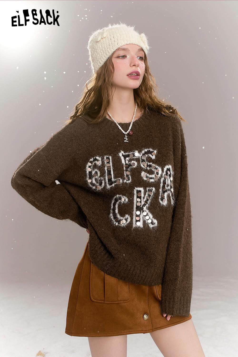 ELFSACK Retro Loose Sequin Letters Soft Warm Sweater Women Round Neck Long Sleeves