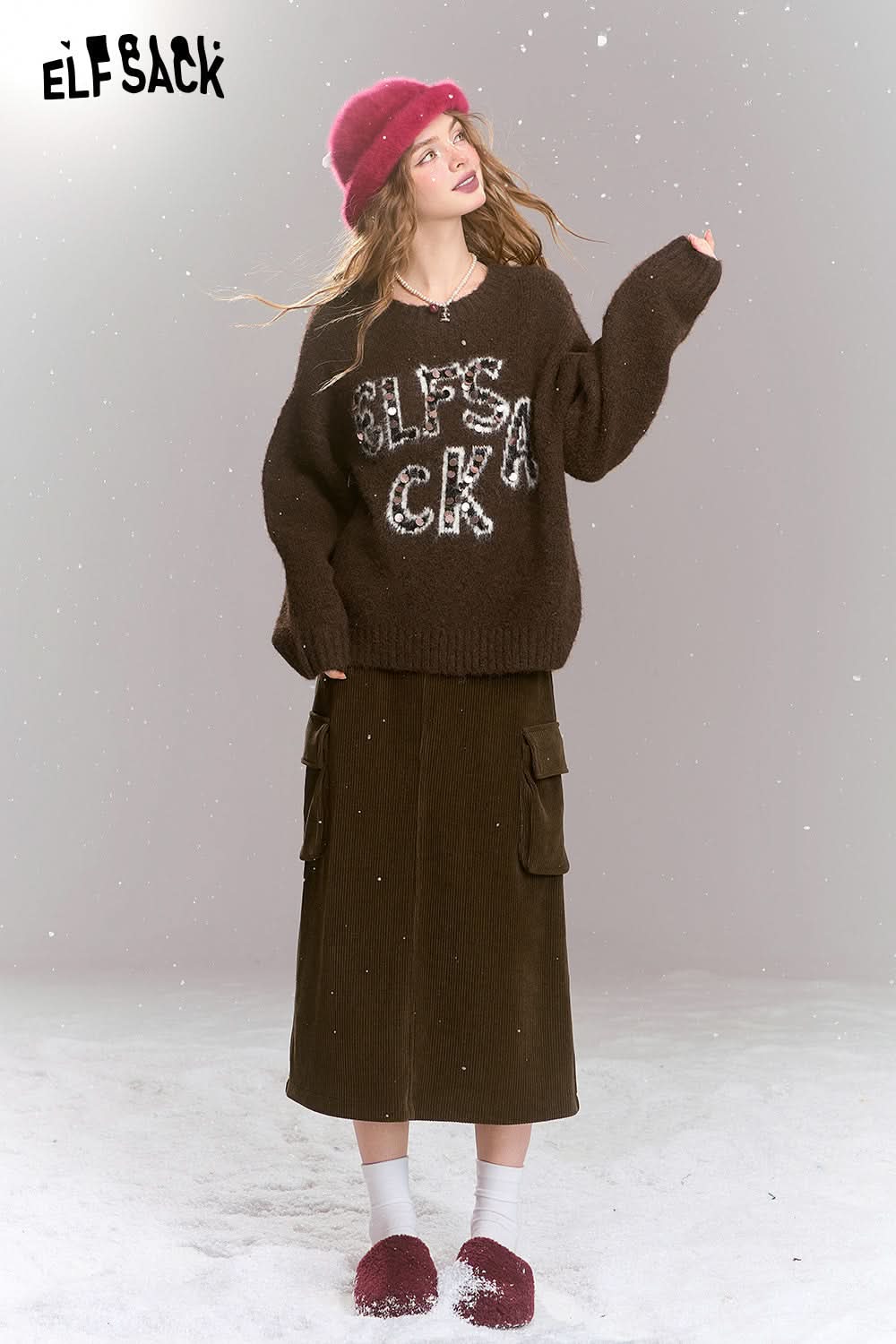 ELFSACK Retro Loose Sequin Letters Soft Warm Sweater Women Round Neck Long Sleeves