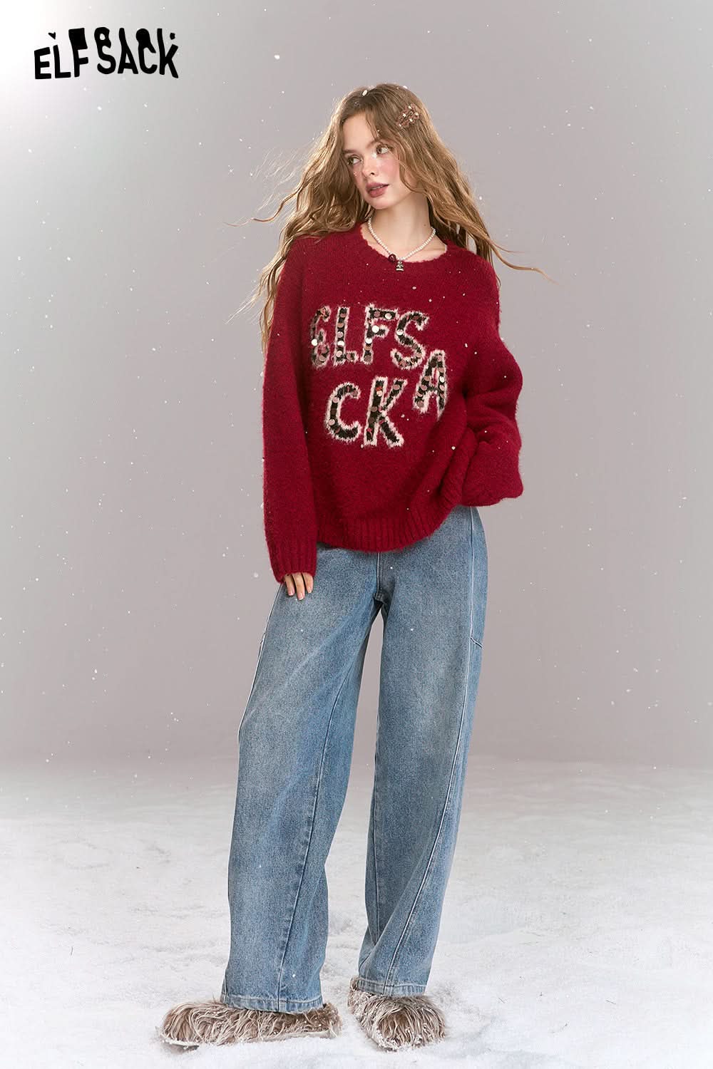 ELFSACK Retro Loose Sequin Letters Soft Warm Sweater Women Round Neck Long Sleeves
