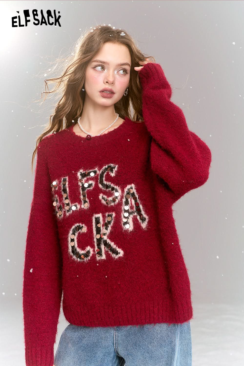 ELFSACK Retro Loose Sequin Letters Soft Warm Sweater Women Round Neck Long Sleeves