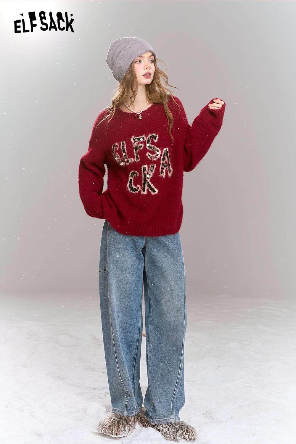 ELFSACK Retro Loose Sequin Letters Soft Warm Sweater Women Round Neck Long Sleeves