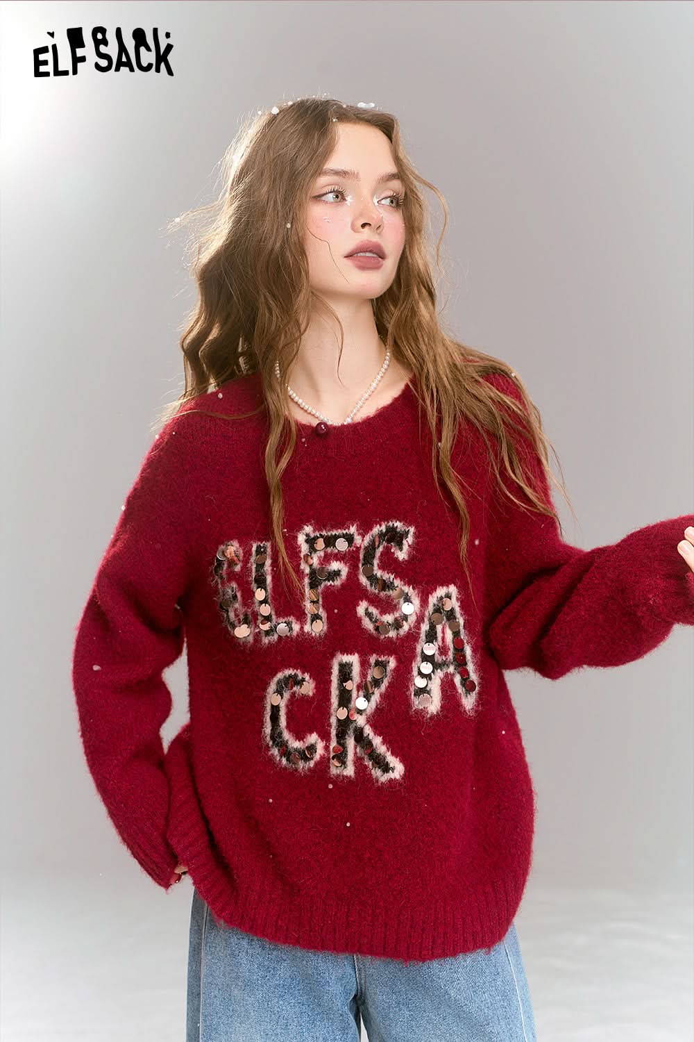 ELFSACK Retro Loose Sequin Letters Soft Warm Sweater Women Round Neck Long Sleeves