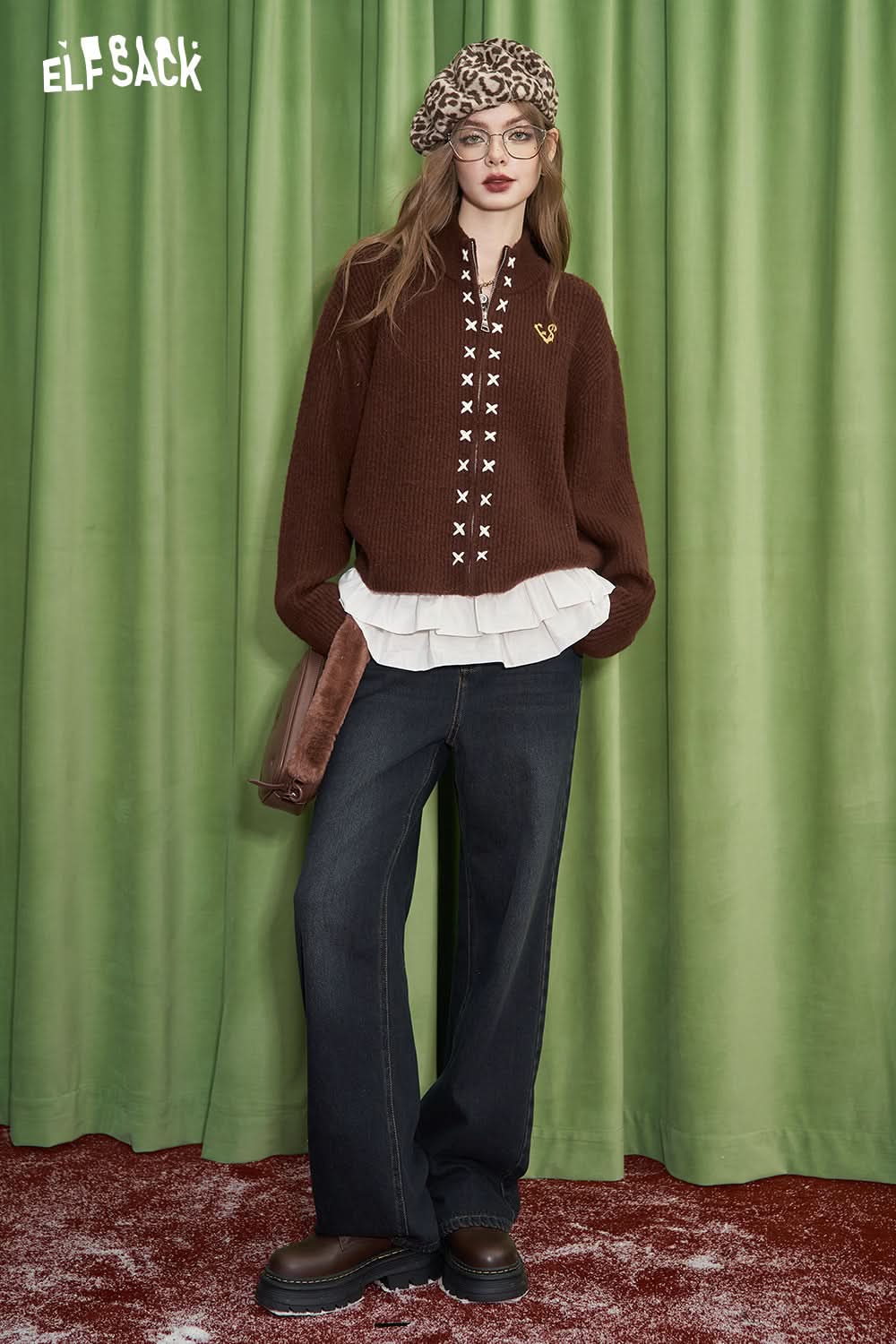 ELFSACK Milard Embroidered Knitted Cardigan Women Soft Sweater with Zipper