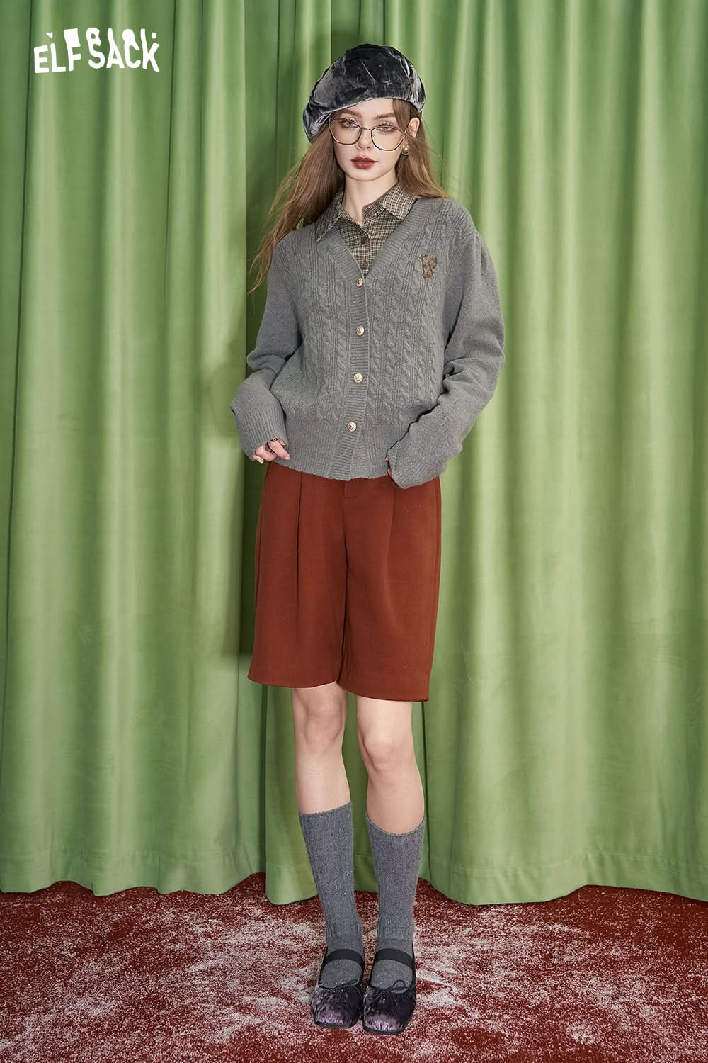 ELFSACK College style knitted cardigan with retro red checkered stitching