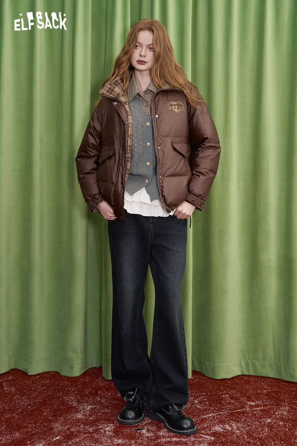 ELFSACK College style knitted cardigan with retro red checkered stitching