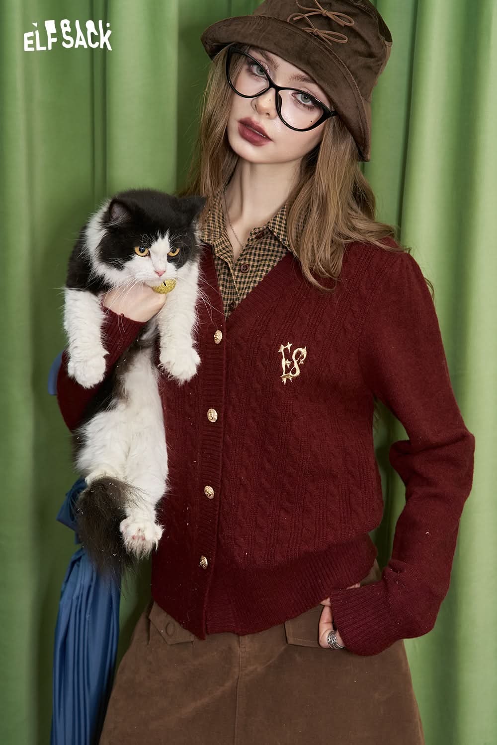 ELFSACK College style knitted cardigan with retro red checkered stitching