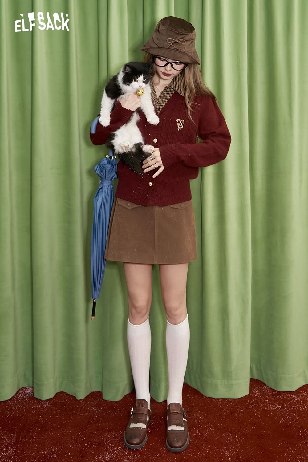 ELFSACK College style knitted cardigan with retro red checkered stitching