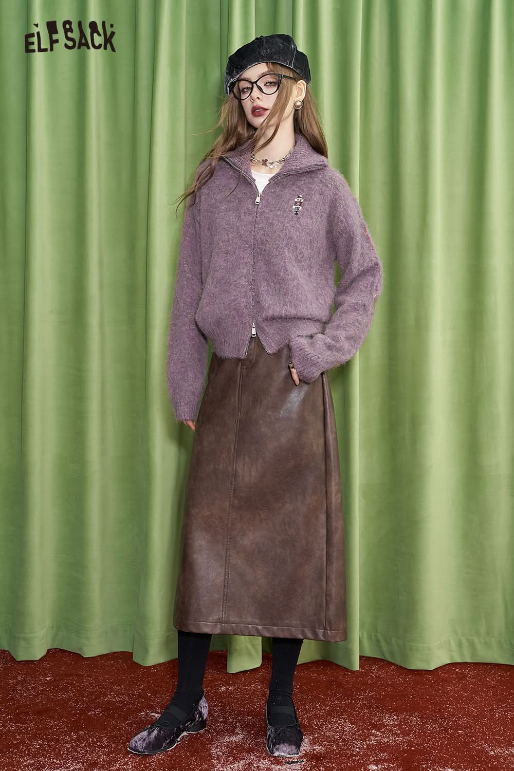 ELFSACK Purple high neck zipper sweater cardigan women knitted thick coat