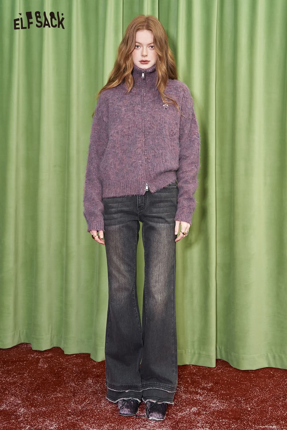 ELFSACK Purple high neck zipper sweater cardigan women knitted thick coat