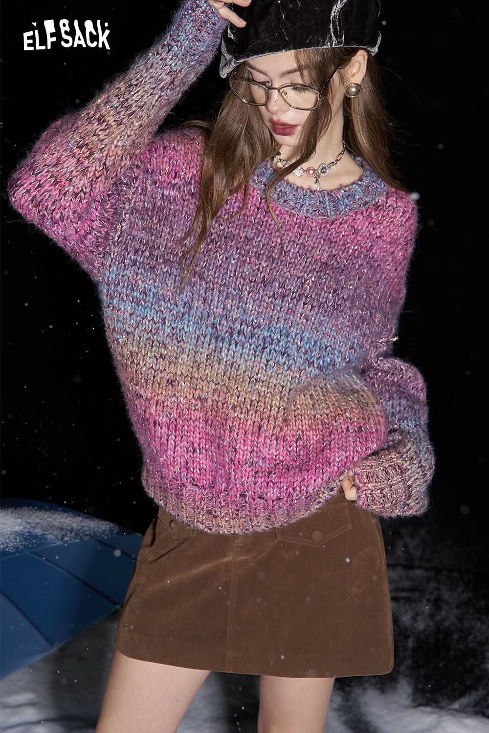 ELFSACK Pink purple gradient sweater women Korean loose tops