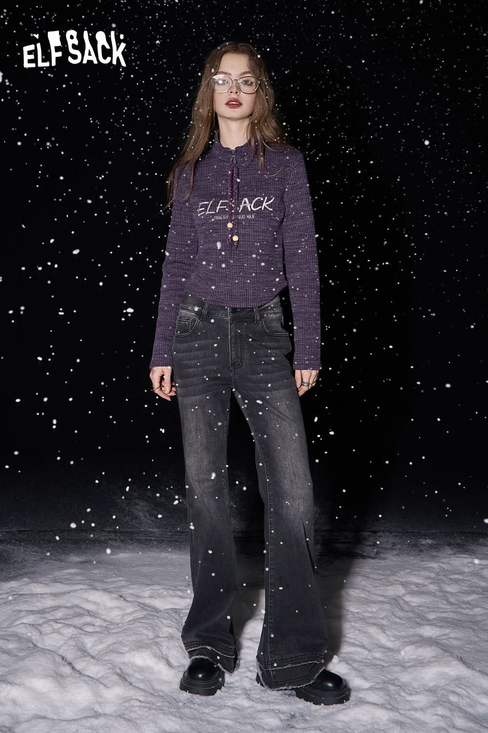 ELFSACK Polo collar letter short plush sweater