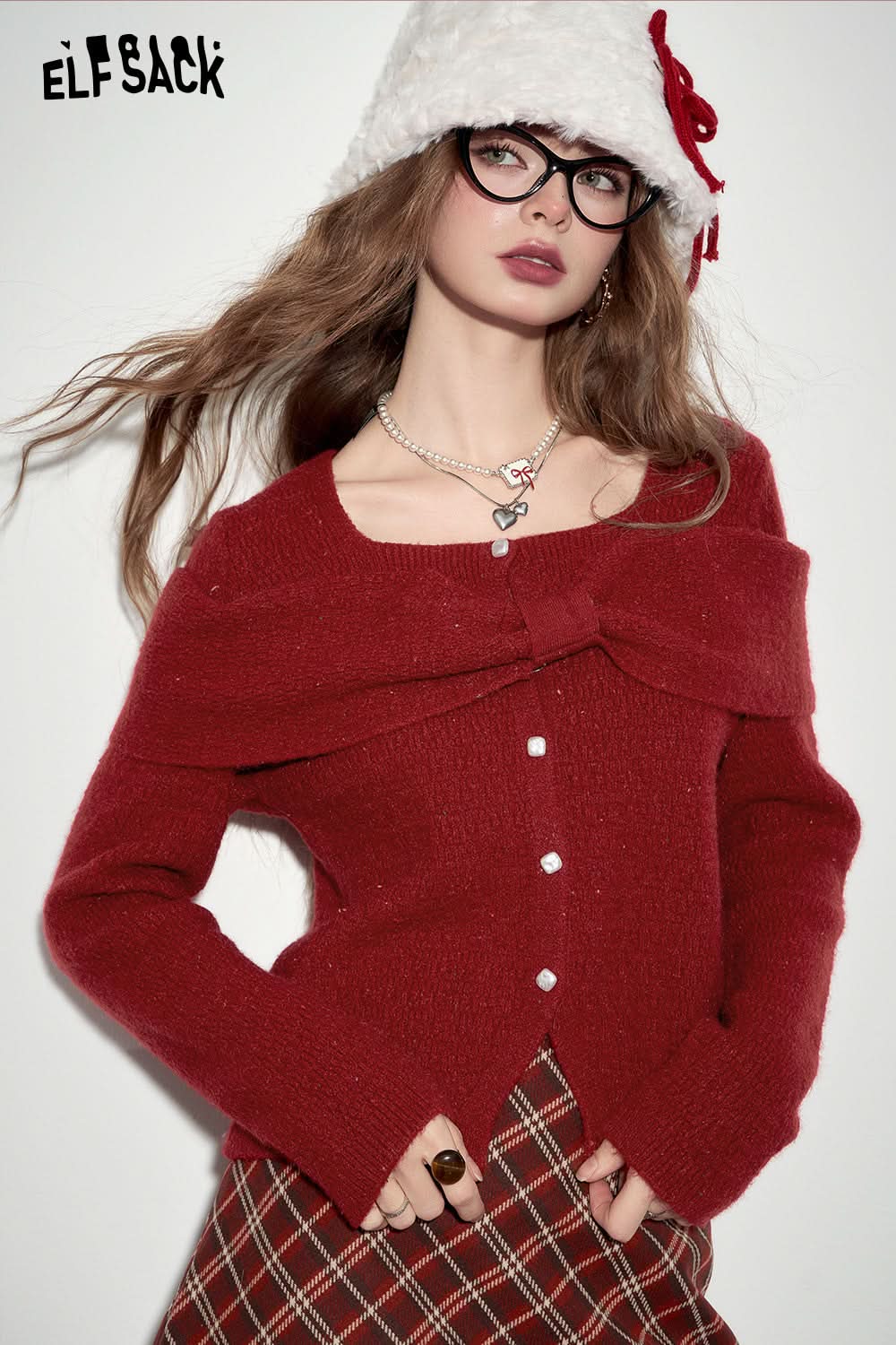 ELFSACK Retro front bow solid color knitted pullover square neck slim fit bottoming shirt