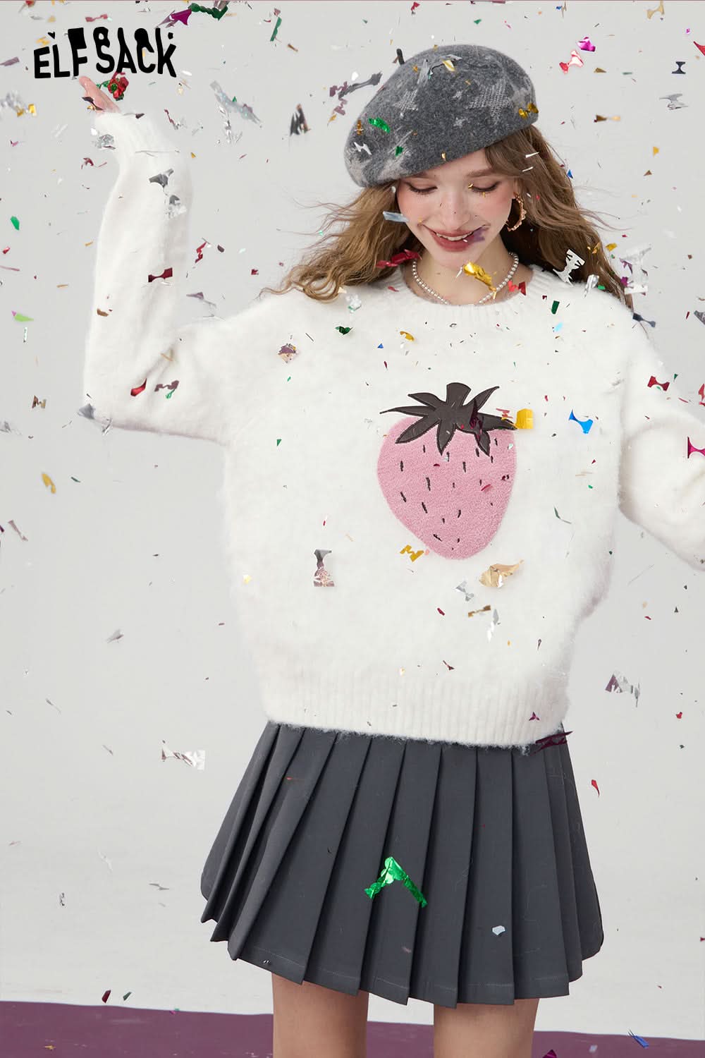 ELFSACK Loose Soft Warm Pink Strawberry Applique Fluffy Sweater