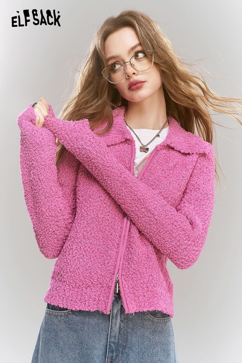 ELFSACK Y2K plush zipper knitted cardigan, small lapel rose red top