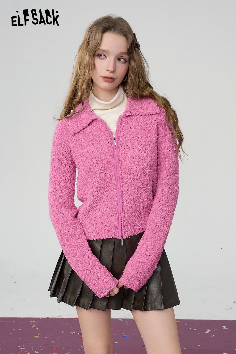 ELFSACK Y2K plush zipper knitted cardigan, small lapel rose red top