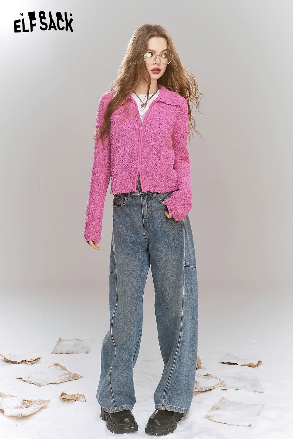 ELFSACK Y2K plush zipper knitted cardigan, small lapel rose red top