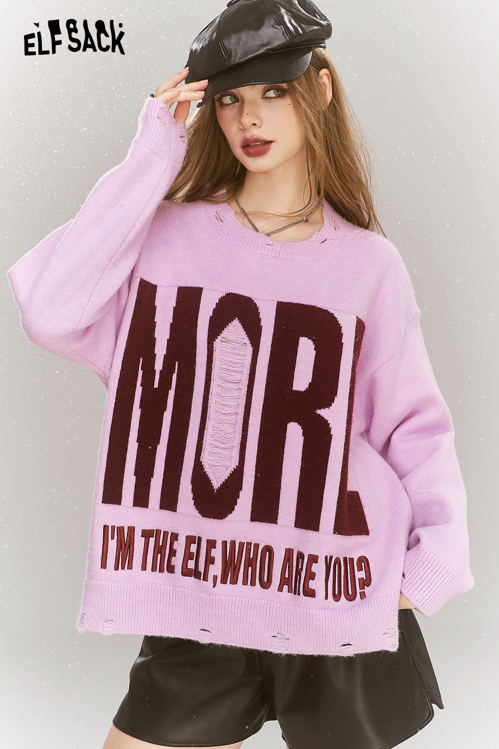 ELFSACK Pink and purple sweater, sweet and loose, round neck, letter print, holes