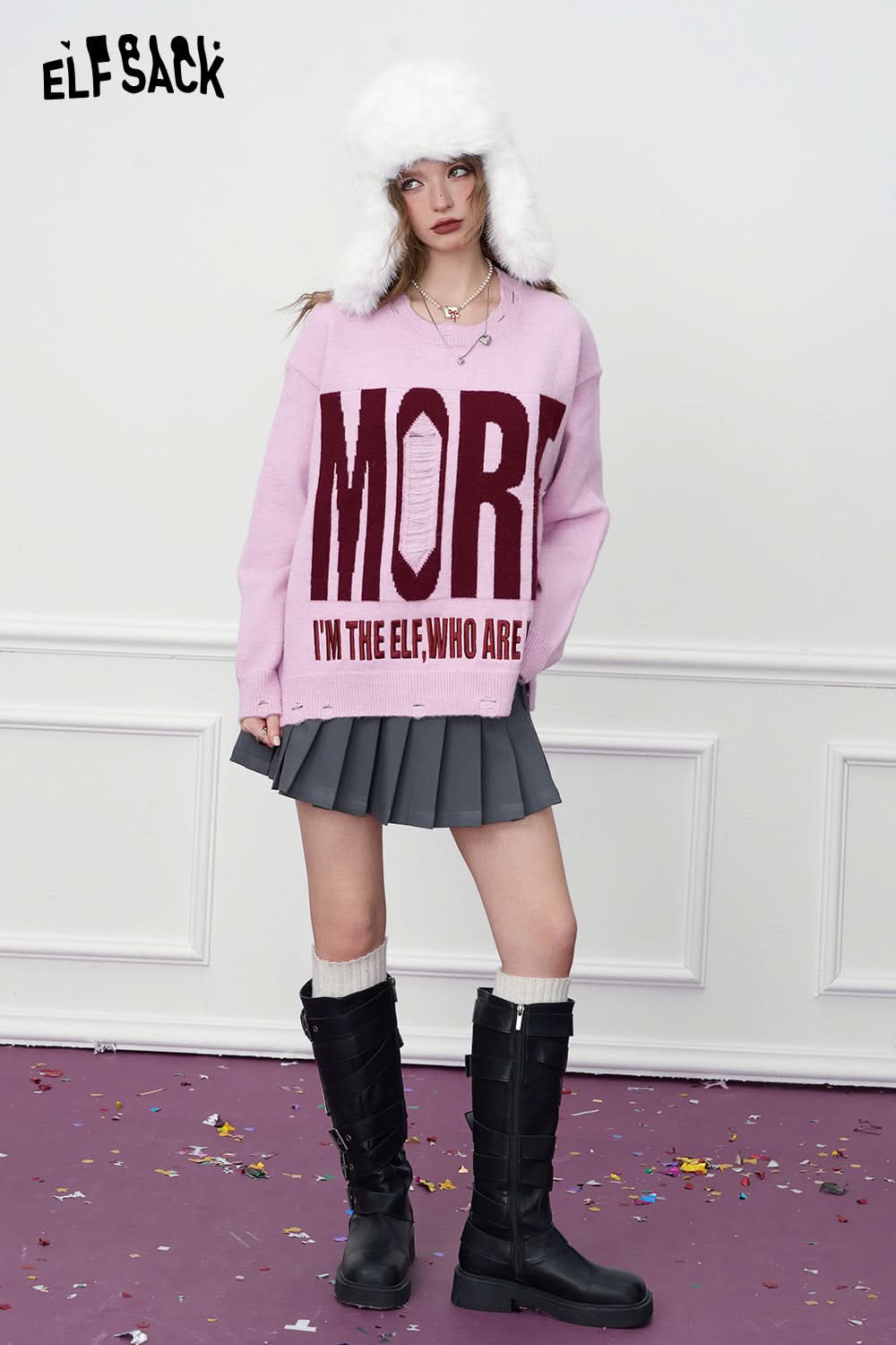 ELFSACK Pink and purple sweater, sweet and loose, round neck, letter print, holes