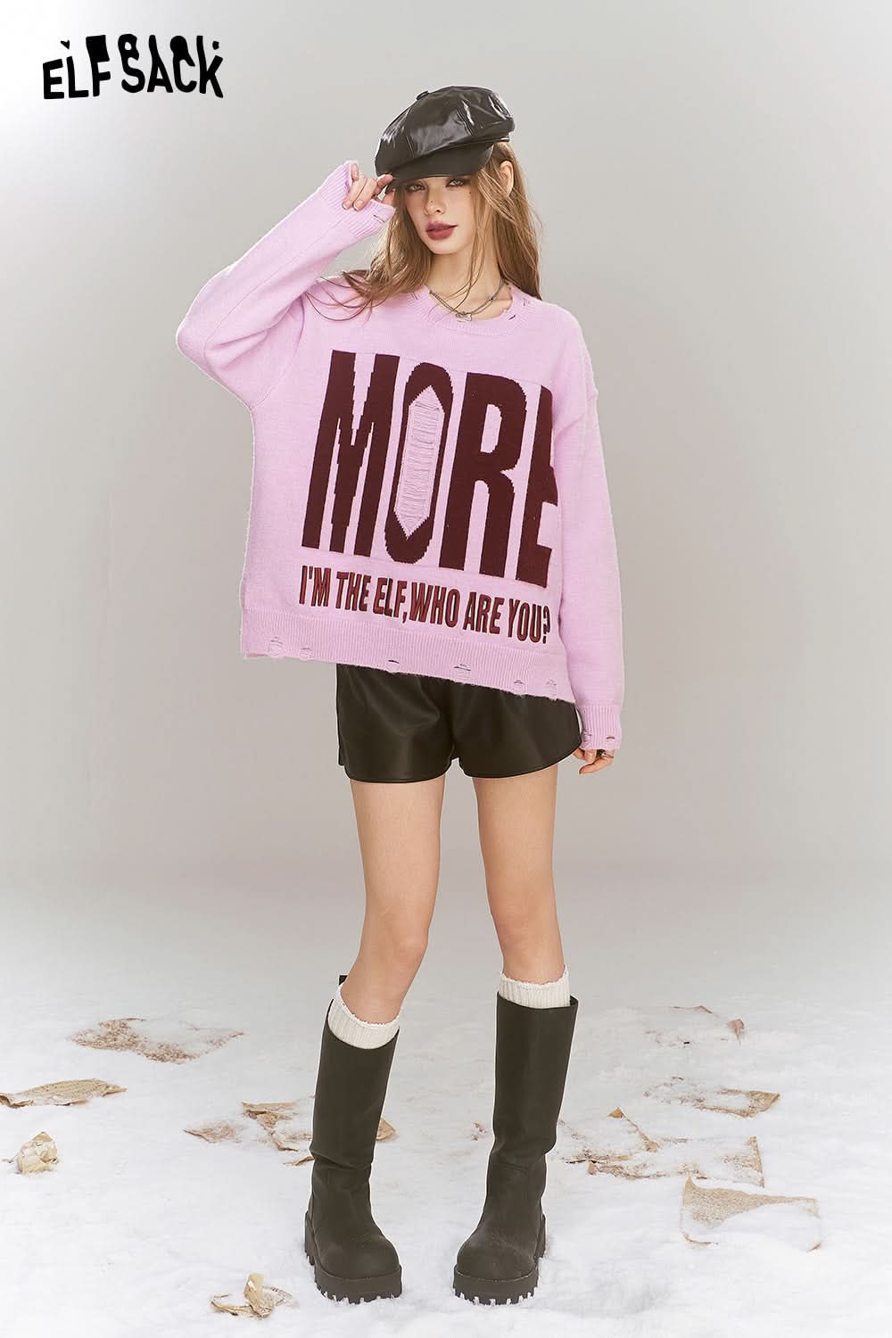 ELFSACK Pink and purple sweater, sweet and loose, round neck, letter print, holes