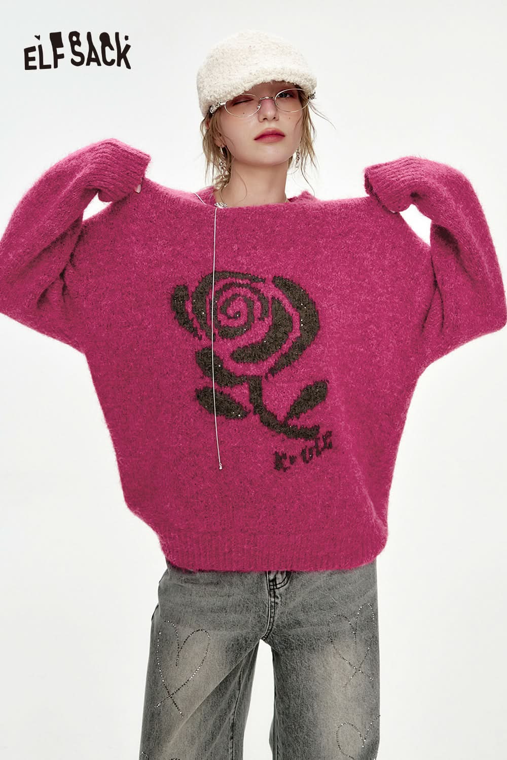 ELFSACK Rose Jacquard Sweater Women Loose Korean Top