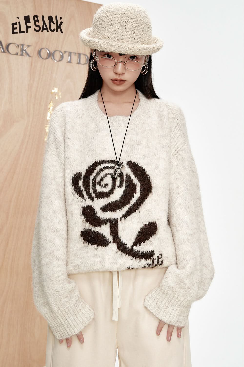 ELFSACK Rose Jacquard Sweater Women Loose Korean Top