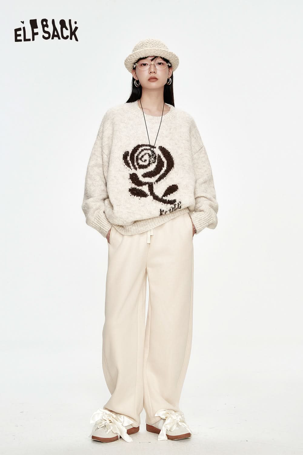 ELFSACK Rose Jacquard Sweater Women Loose Korean Top