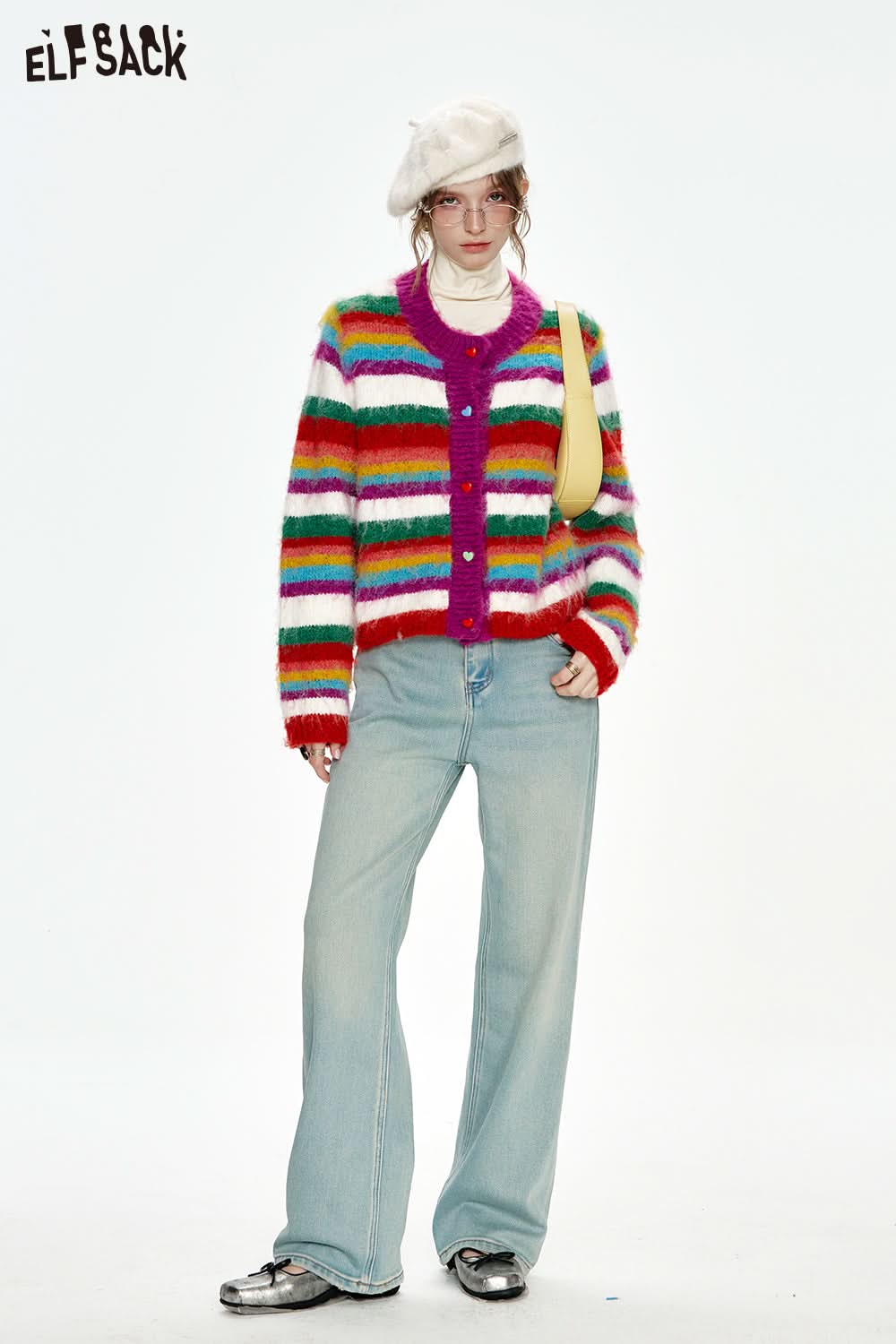 ELFSACK Rainbow striped sweater cardigan women Christmas outfit