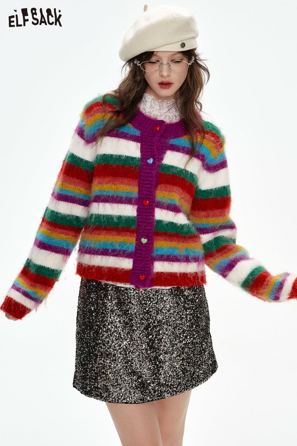 ELFSACK Rainbow striped sweater cardigan women Christmas outfit