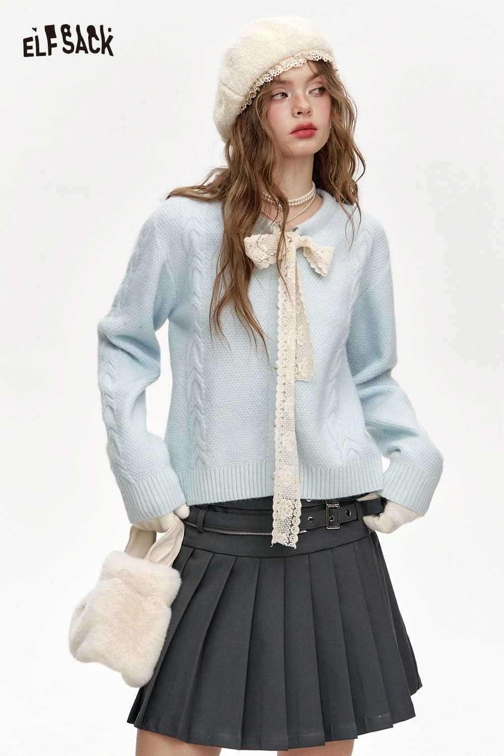 ELFSACK Sweet Lace Bow Knitted Cardigan Sweater Women