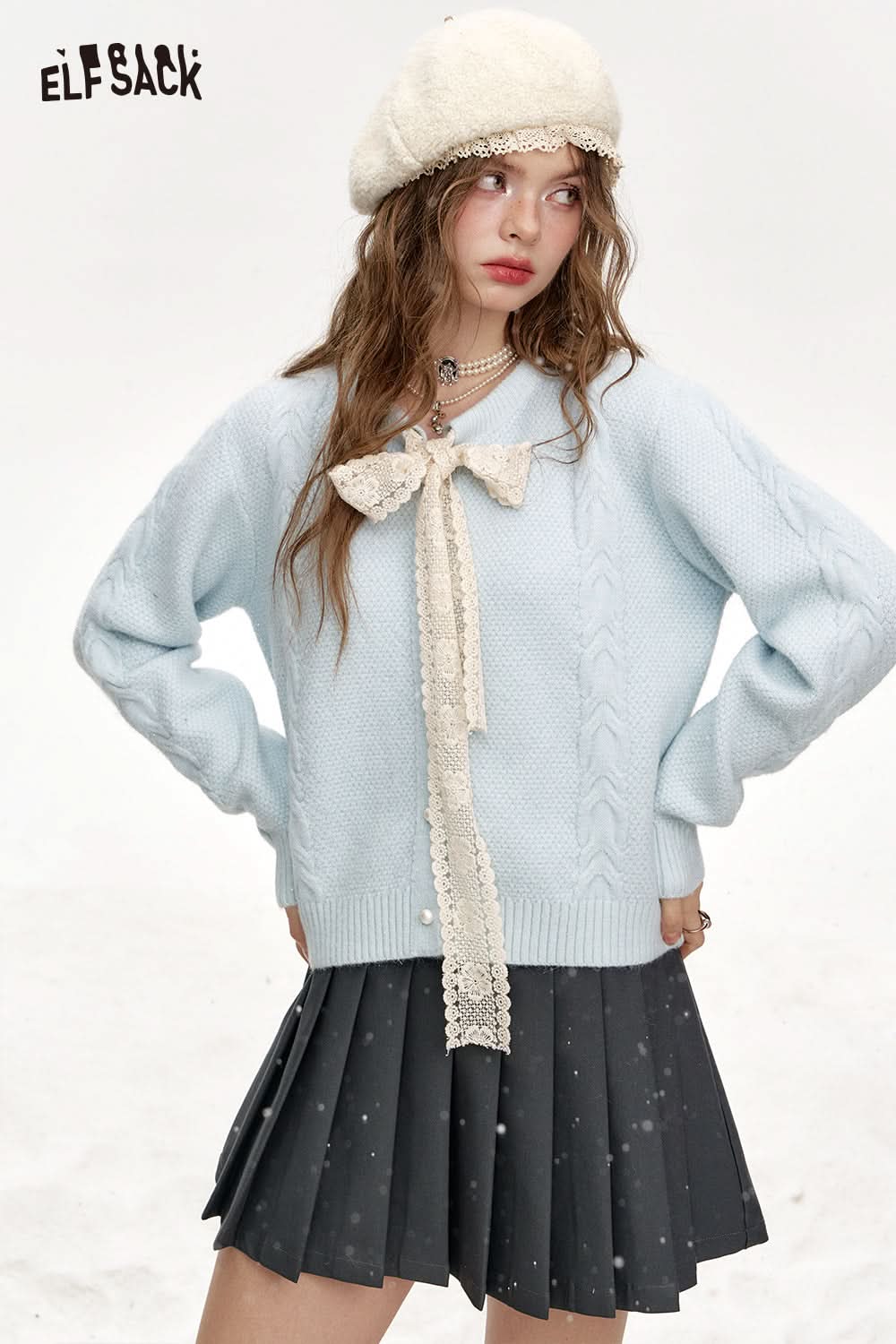 ELFSACK Sweet Lace Bow Knitted Cardigan Sweater Women