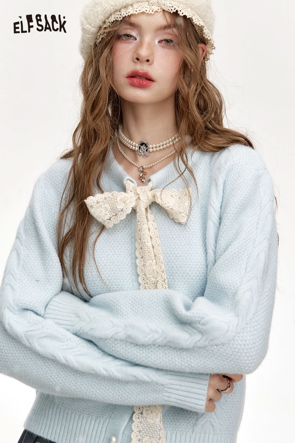 ELFSACK Sweet Lace Bow Knitted Cardigan Sweater Women