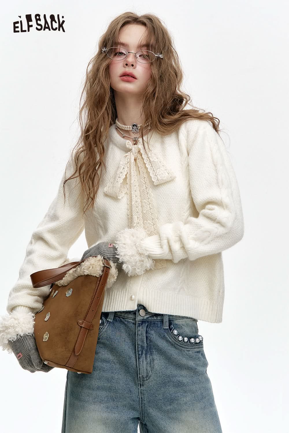 ELFSACK Sweet Lace Bow Knitted Cardigan Sweater Women