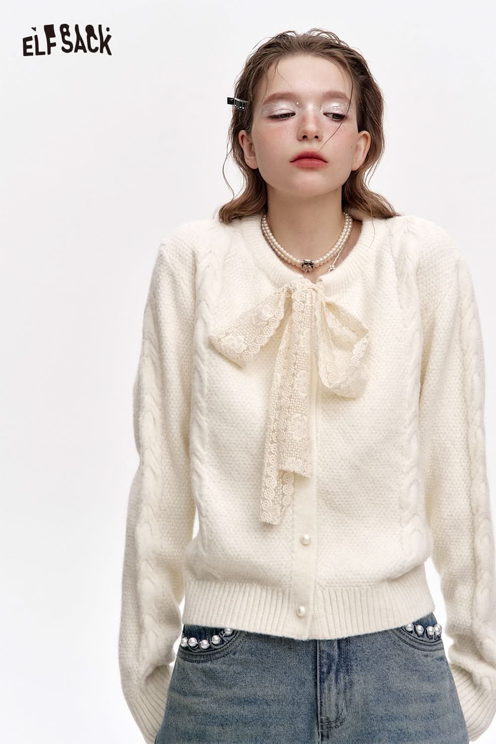 ELFSACK Sweet Lace Bow Knitted Cardigan Sweater Women