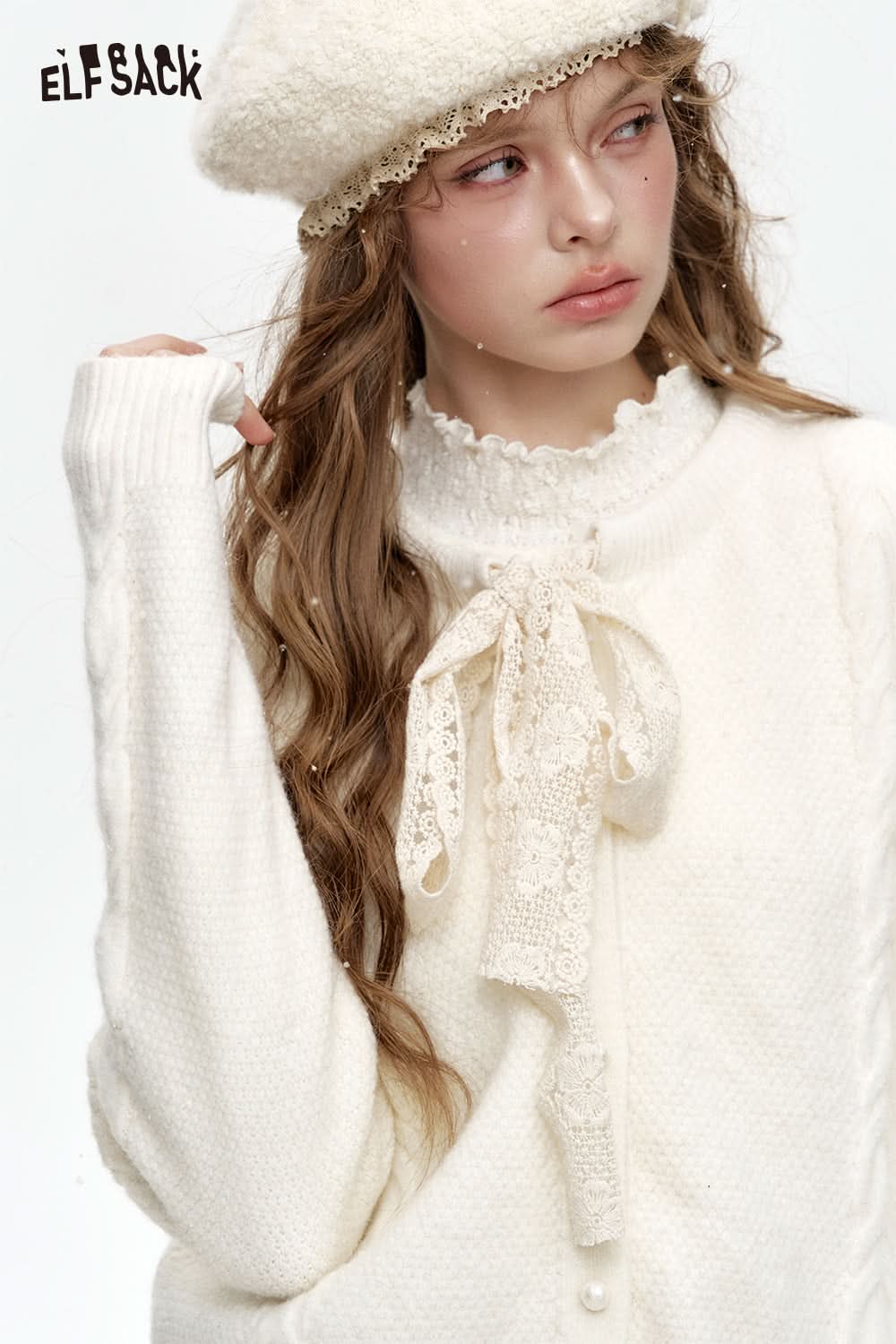 ELFSACK Sweet Lace Bow Knitted Cardigan Sweater Women