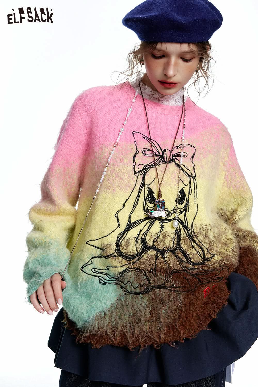 ELFSACK Original embroidery gradient color loose round neck sweater