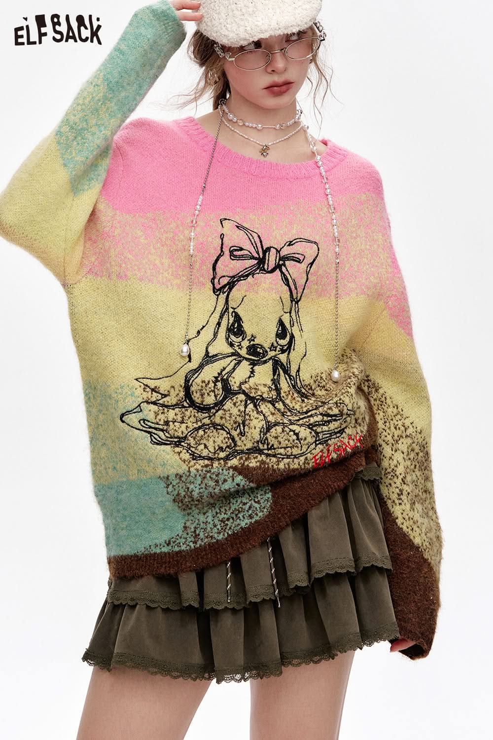 ELFSACK Original embroidery gradient color loose round neck sweater