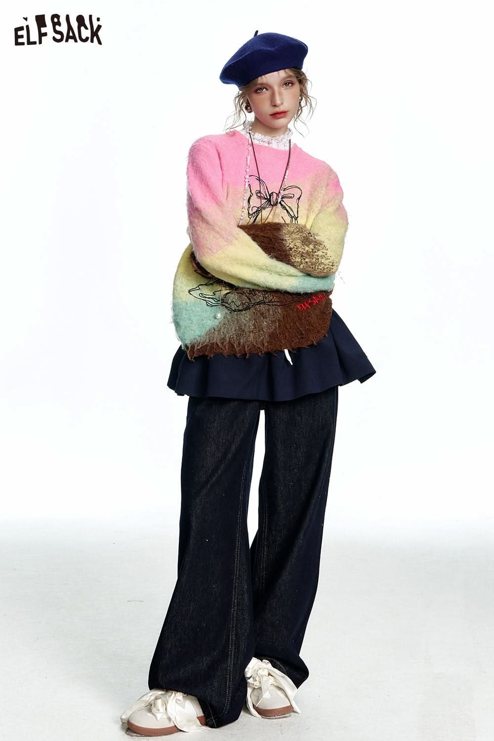 ELFSACK Original embroidery gradient color loose round neck sweater