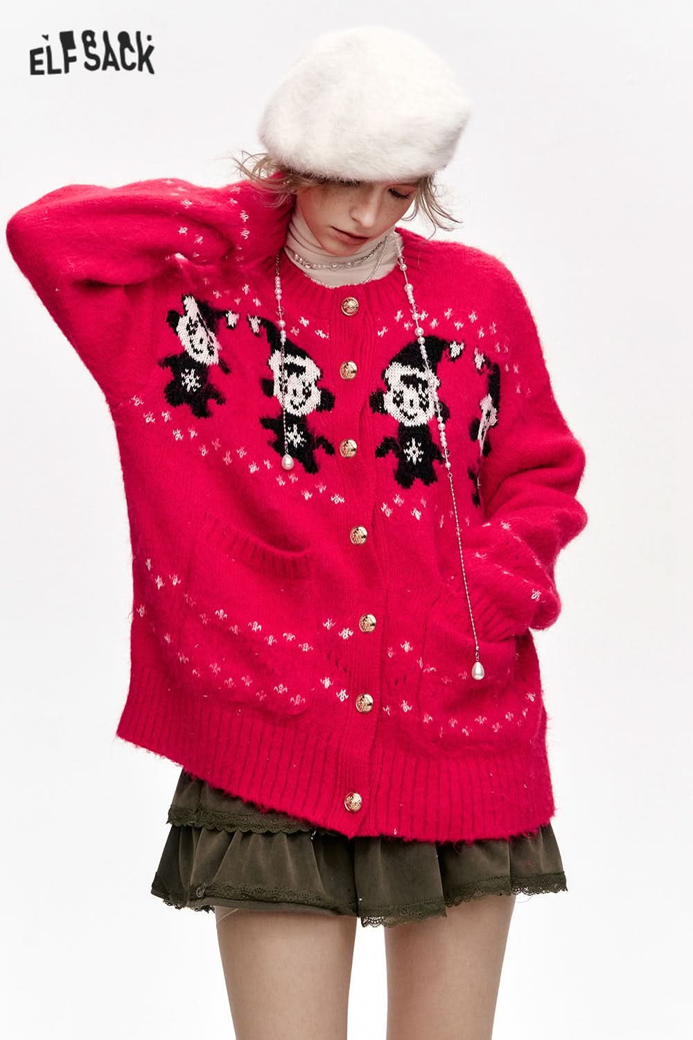 ELFSACK Year Red Snowman Cardigan Round Neck Single Breasted Sweater Women