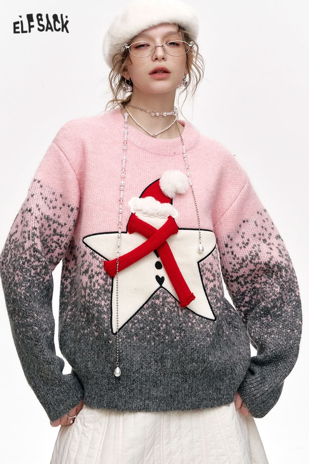 ELFSACK Sweet Star Gradient Loose Thickened Sweater