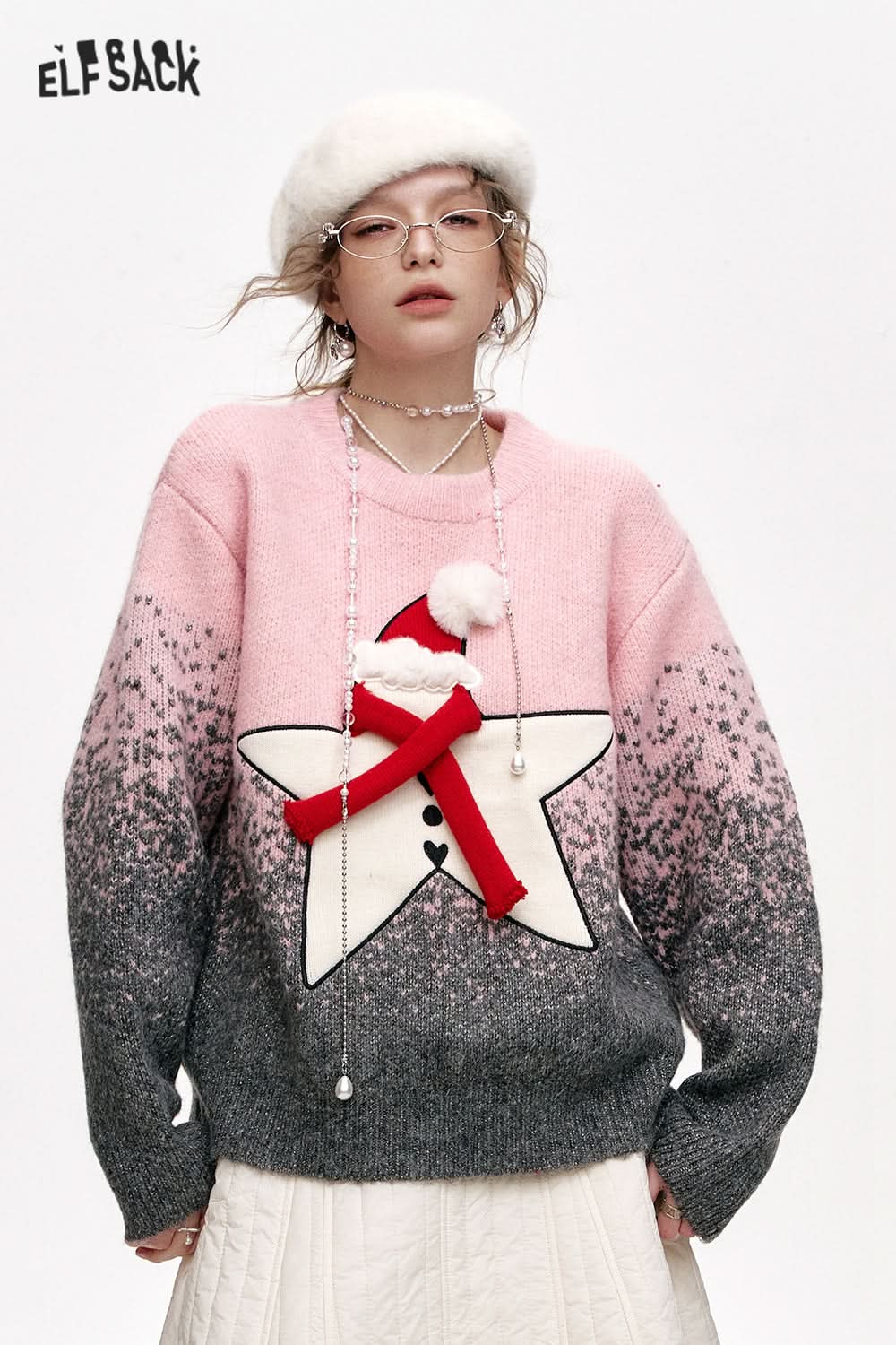 ELFSACK Sweet Star Gradient Loose Thickened Sweater