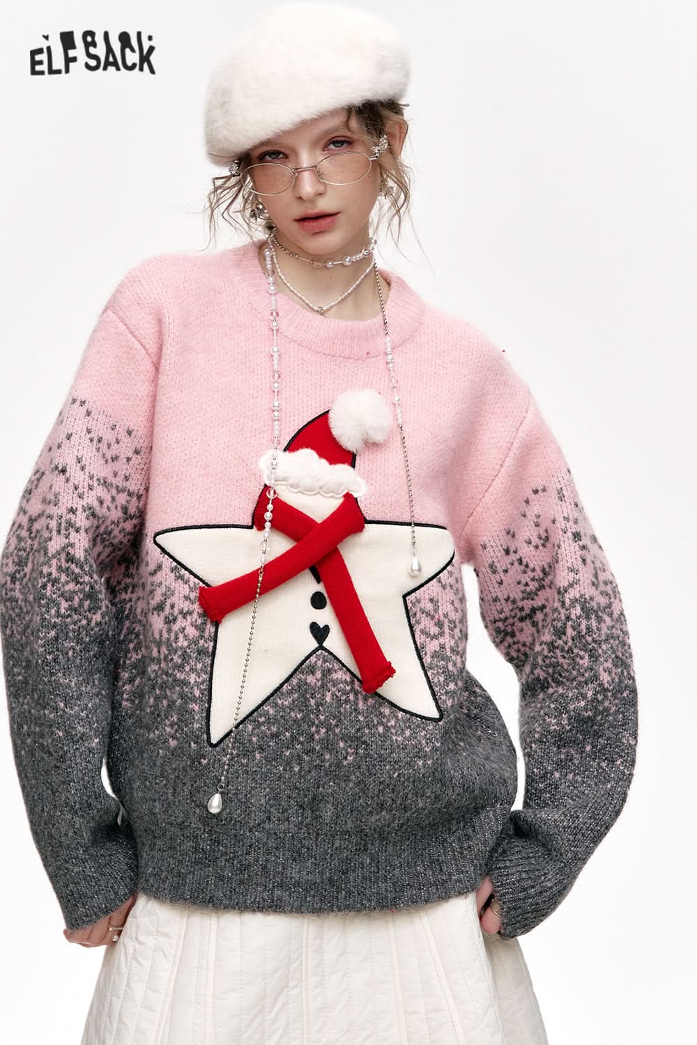 ELFSACK Sweet Star Gradient Loose Thickened Sweater