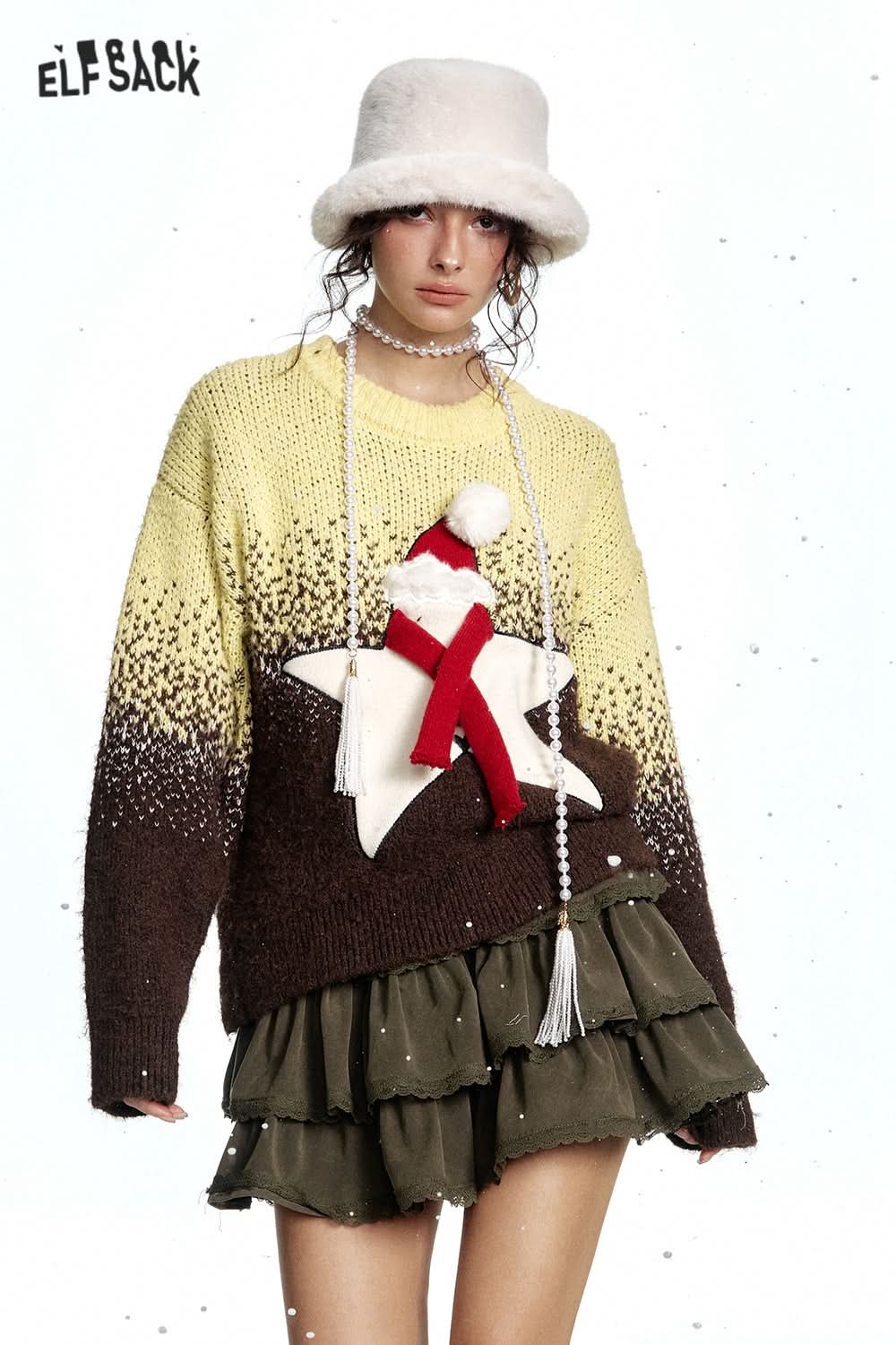 ELFSACK Sweet Star Gradient Loose Thickened Sweater