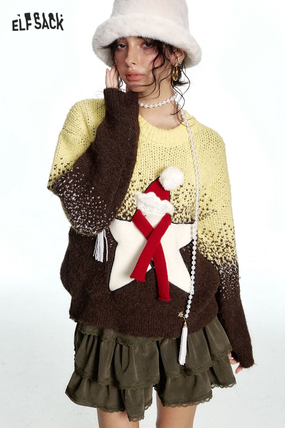 ELFSACK Sweet Star Gradient Loose Thickened Sweater