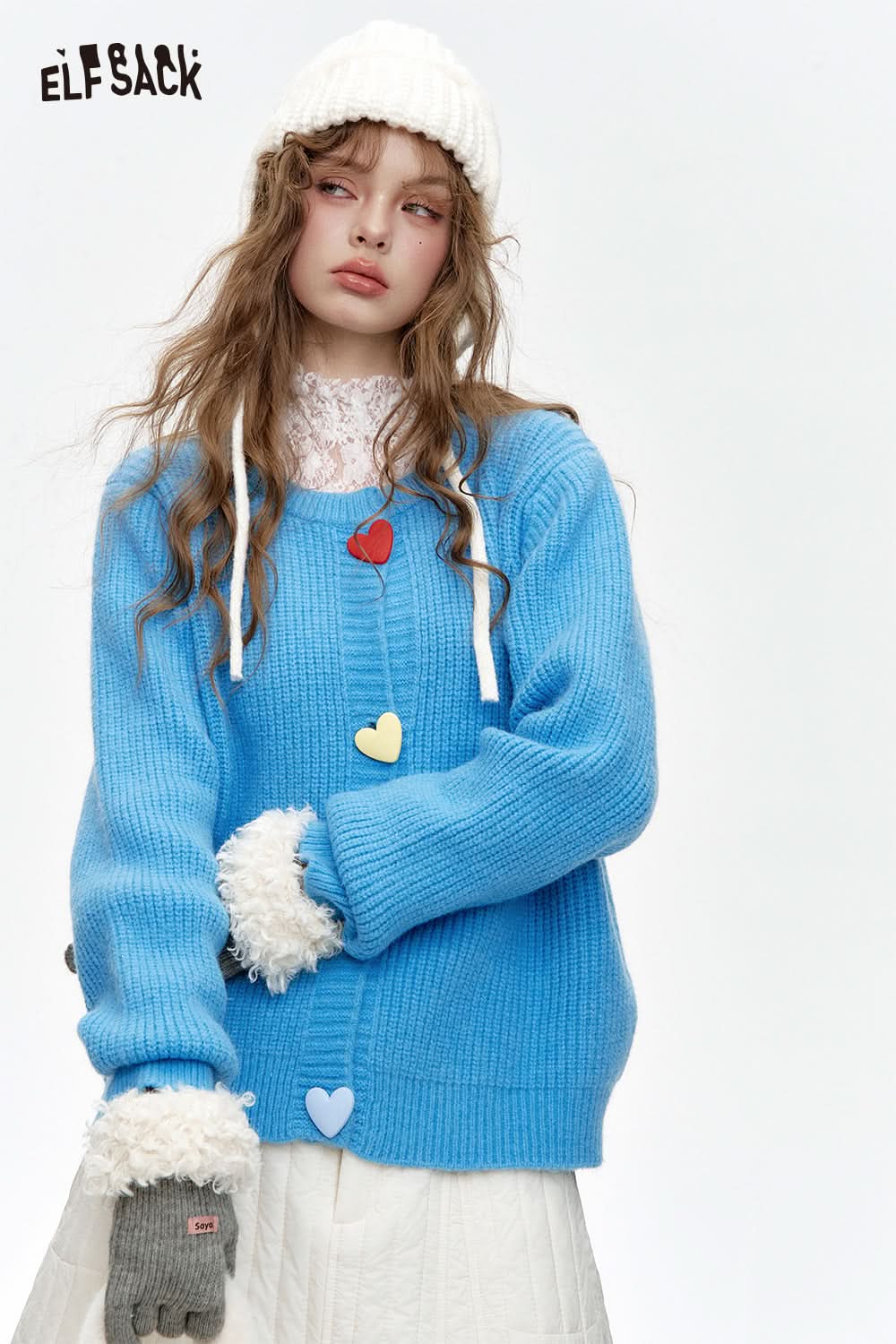 ELFSACK Sweet colorful heart buttons knitted cardigan sweater women