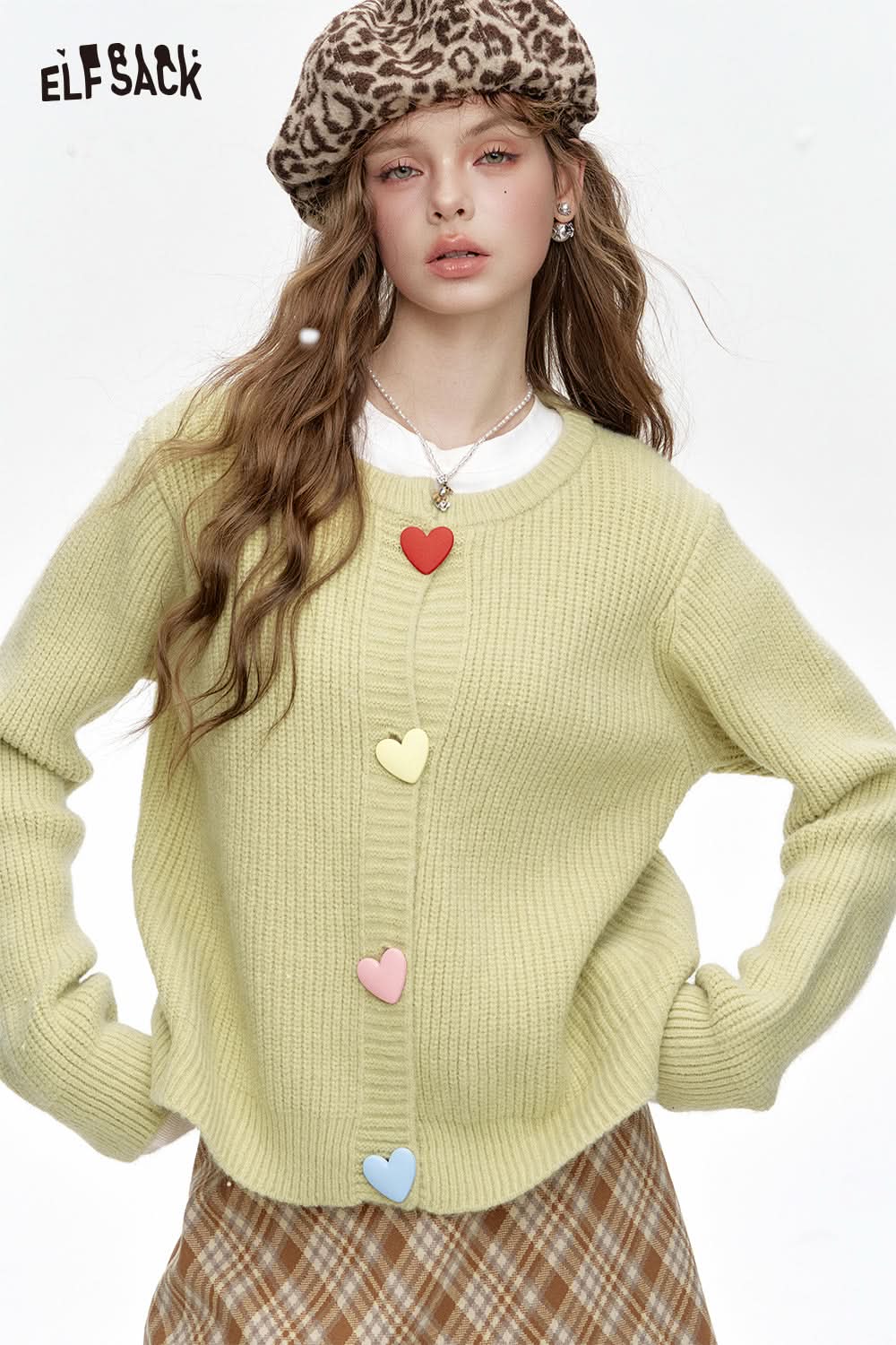 ELFSACK Sweet colorful heart buttons knitted cardigan sweater women