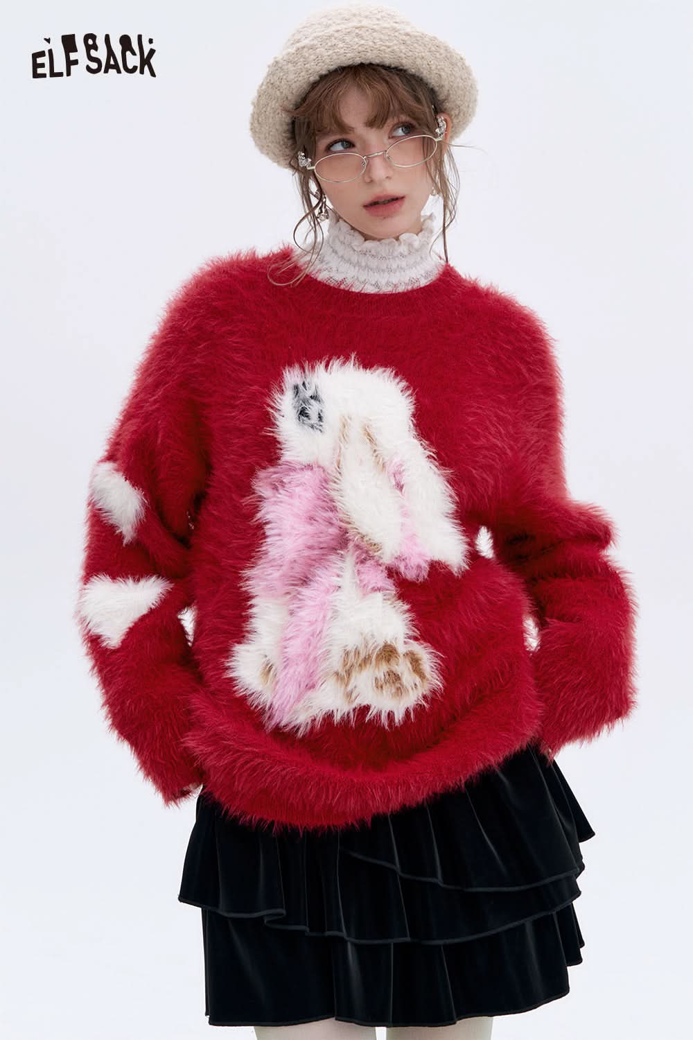 ELFSACK Burgundy Heart Cartoon Rabbit Crewneck Sweater Women